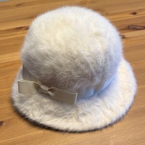 Fuzzy White Bucket Hat with Bow